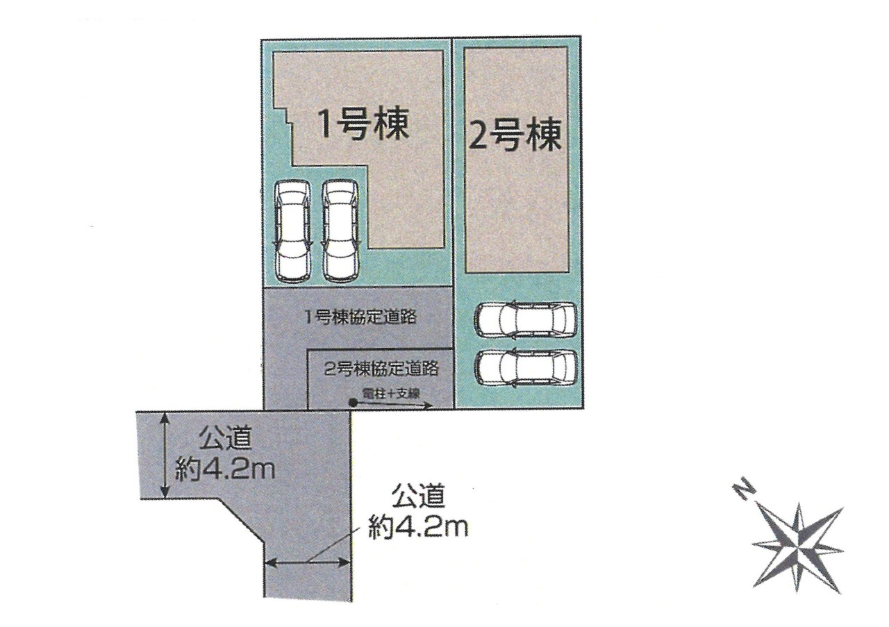 全体区画図-全2棟：並列2台駐車可能な駐車スペースございます（車種によります）