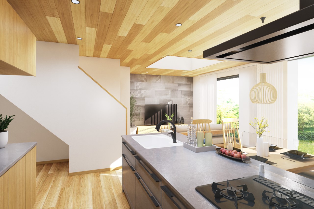 完成予想図(内観)-対面キッチンがご家族の温かい時間を演出。まとめ買い派にも嬉しいパントリー収納ございます。※家具備品等はイメージです。