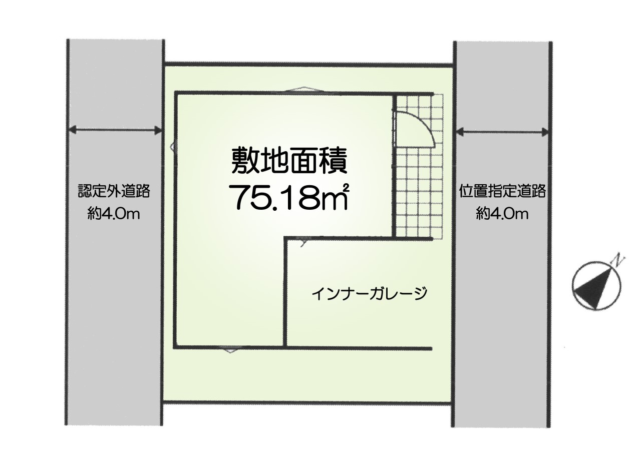 区画図-雨風から愛車を守れるビルトインガレージ^^(接道状況:南西側約4m認定外道路)