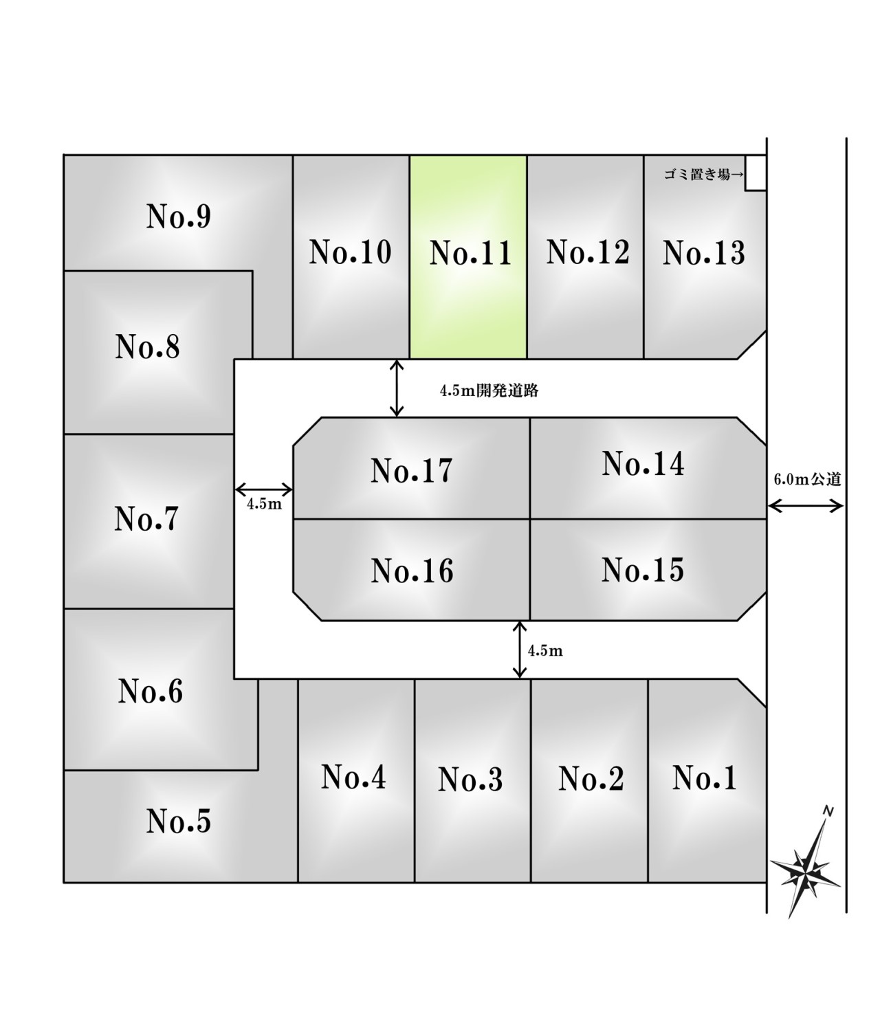 区画図-11区画：スムーズにお車の出し入れも可能です。