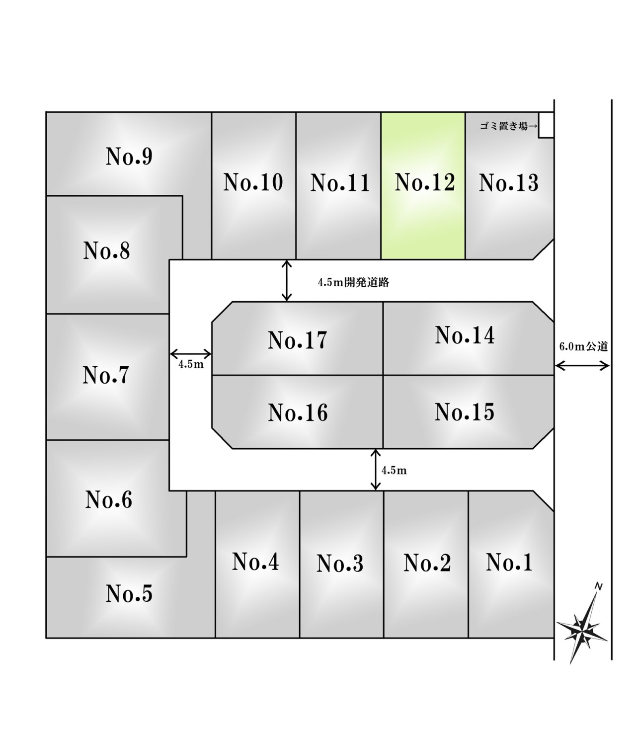 区画図-12区画：スムーズにお車の出し入れも可能です。