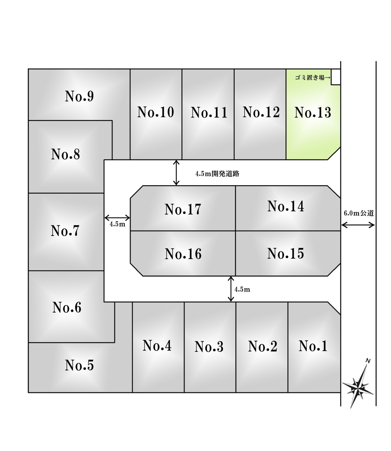 区画図-13区画：角地。２面を道路に面している為、解放感のある区画です。
