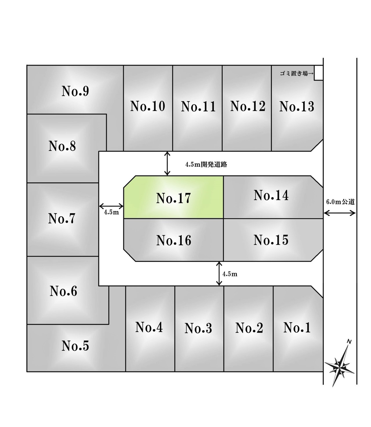 区画図-17区画：角地。２面を道路に面している為、解放感のある区画です。