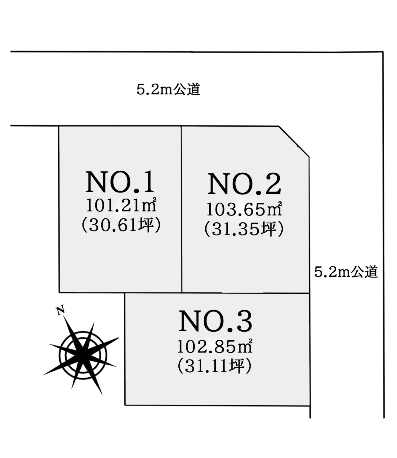 土地図面-全3区画:陽当たり・風通し共に良好な住宅街に並びます。