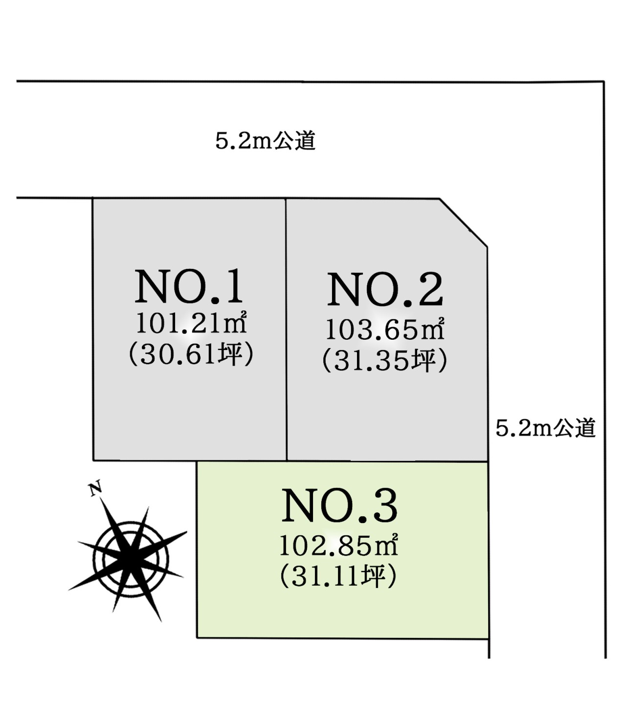 区画図-３区画：間取りプランの考えやすく、敷地を無駄なく活用できる整った区画です。